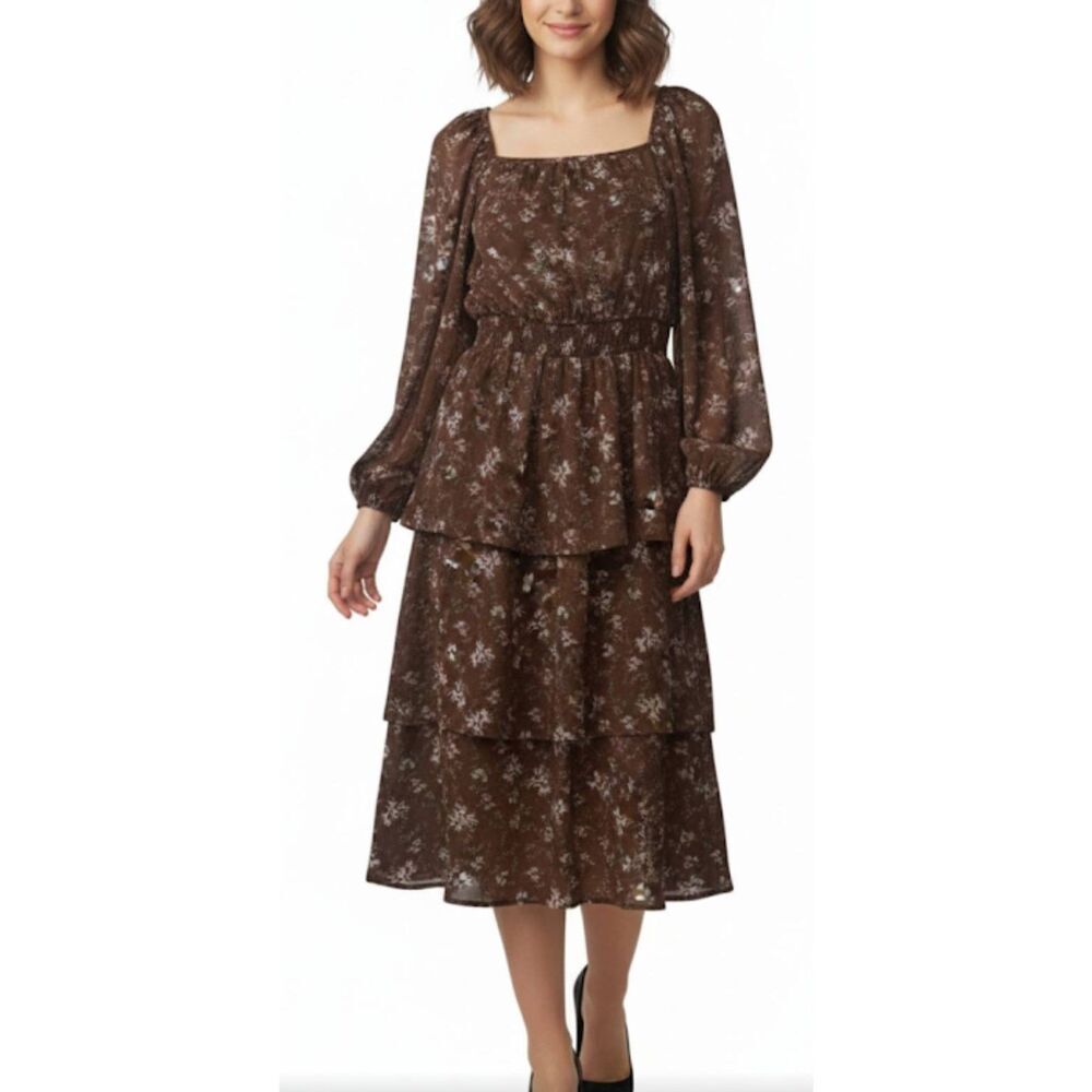 Loveriche Womens Large Midi dress Square Neck Boho whimsy goth earth brown